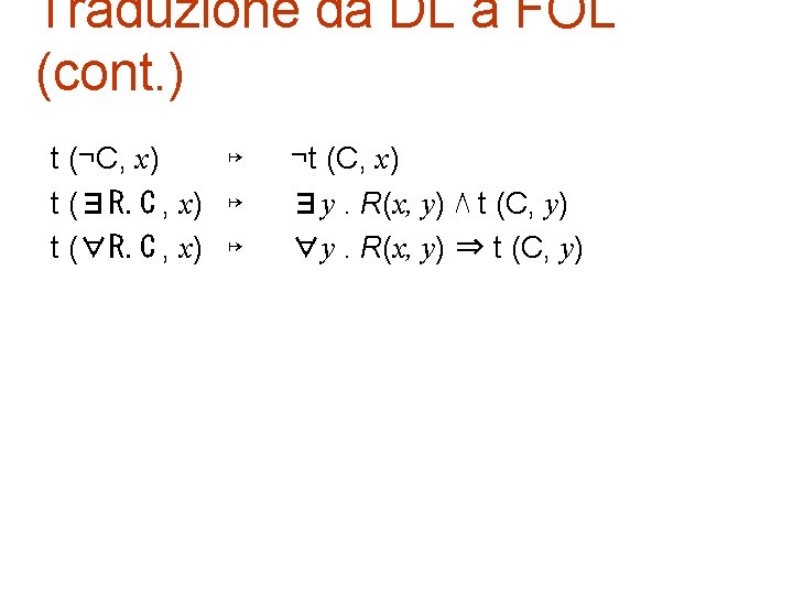 Traduzione da DL a FOL (cont. ) t (¬C, x) ↦ t (∃R. C