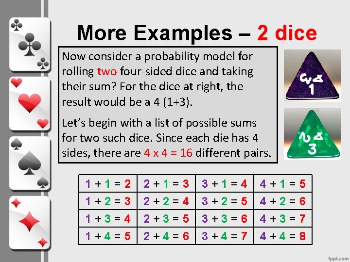 More Examples – 2 dice Now consider a probability model for rolling two four-sided