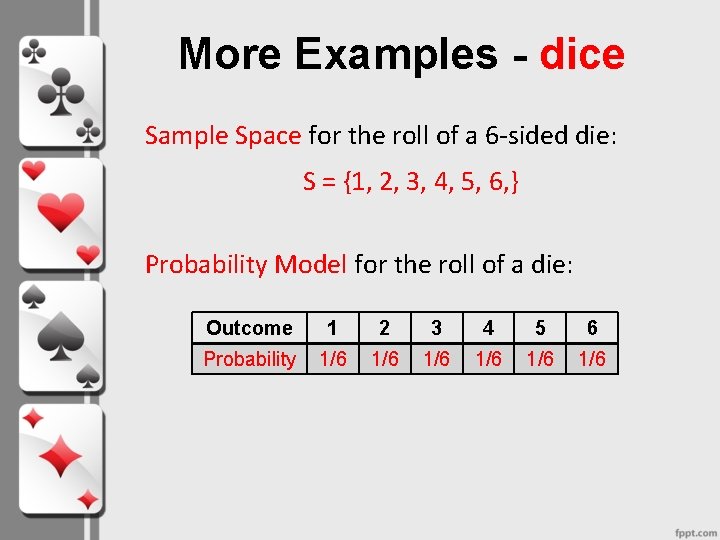 More Examples - dice Sample Space for the roll of a 6 -sided die: