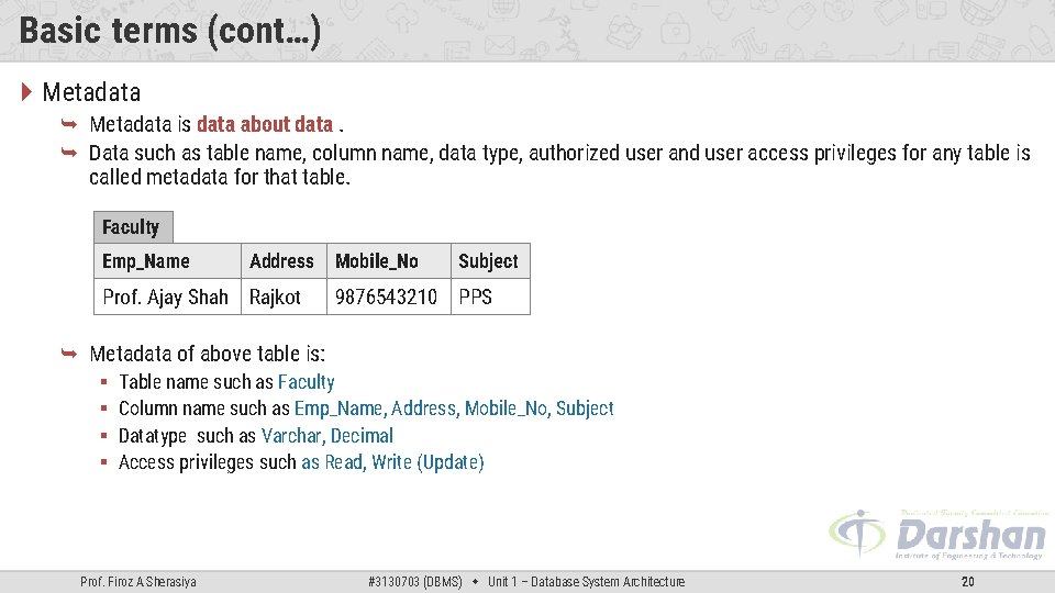 Basic terms (cont…) Metadata is data about data. Data such as table name, column