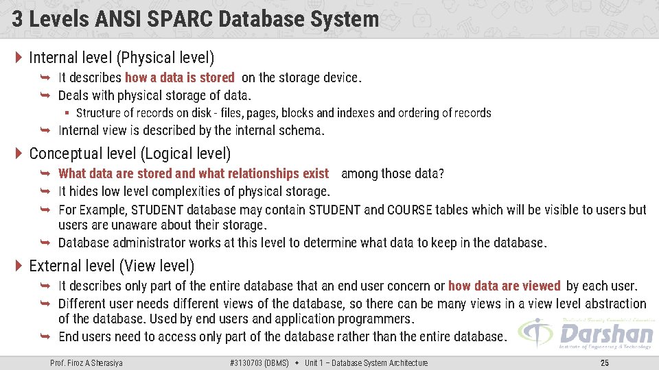 3 Levels ANSI SPARC Database System Internal level (Physical level) It describes how a