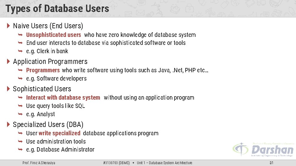 Types of Database Users Naive Users (End Users) Unsophisticated users who have zero knowledge