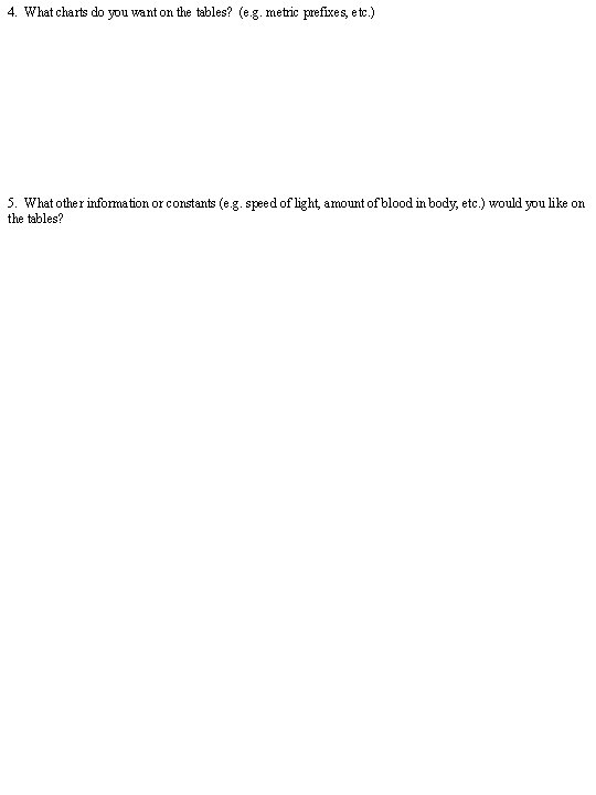 4. What charts do you want on the tables? (e. g. metric prefixes, etc.