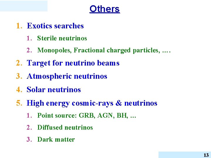 Others 1. Exotics searches 1. Sterile neutrinos 2. Monopoles, Fractional charged particles, …. 2.