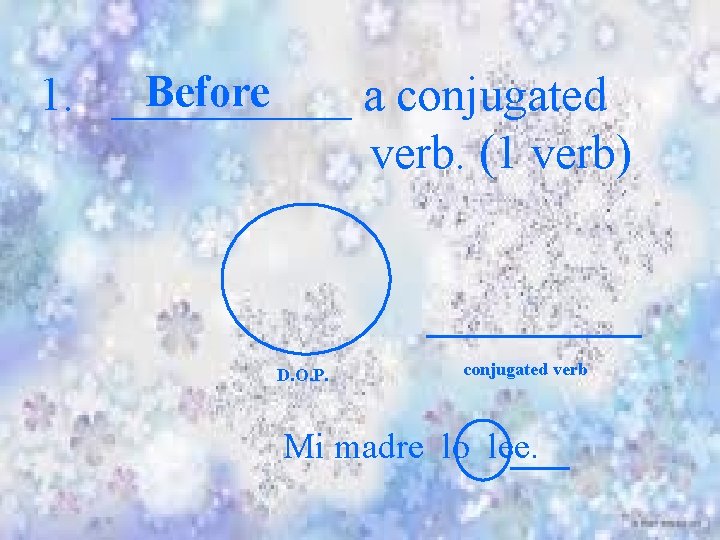 Before 1. _____ a conjugated verb. (1 verb) D. O. P. conjugated verb Mi