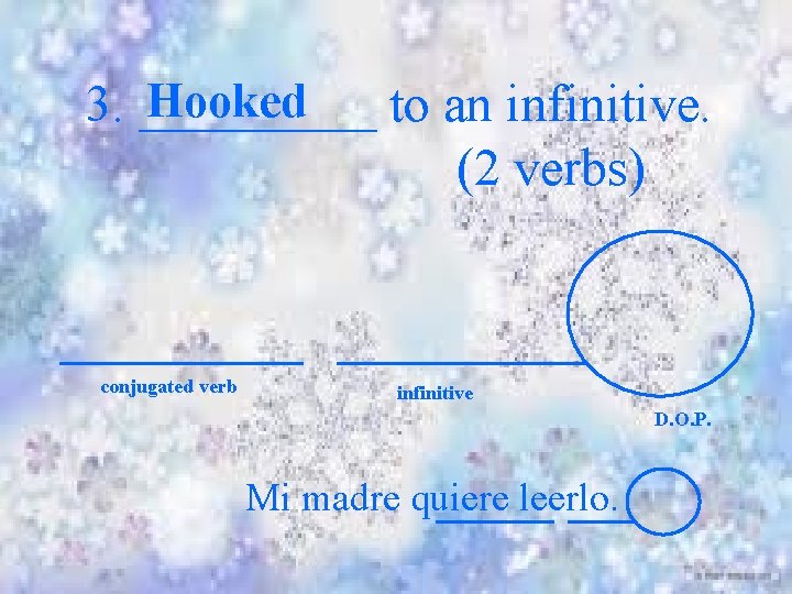 Hooked 3. _____ to an infinitive. (2 verbs) conjugated verb infinitive D. O. P.