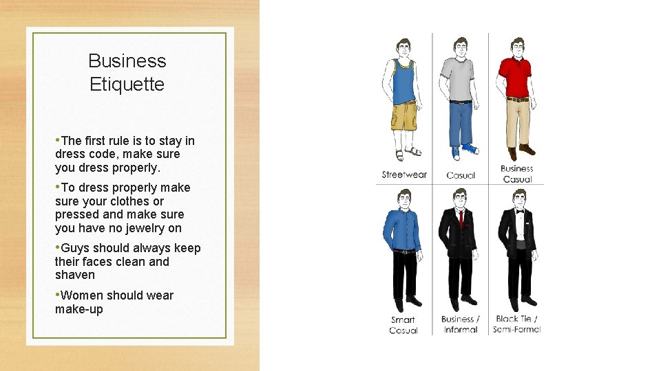 Business Etiquette • The first rule is to stay in dress code, make sure