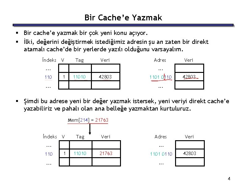 Bir Cache’e Yazmak § Bir cache’e yazmak bir çok yeni konu açıyor. § İlki,