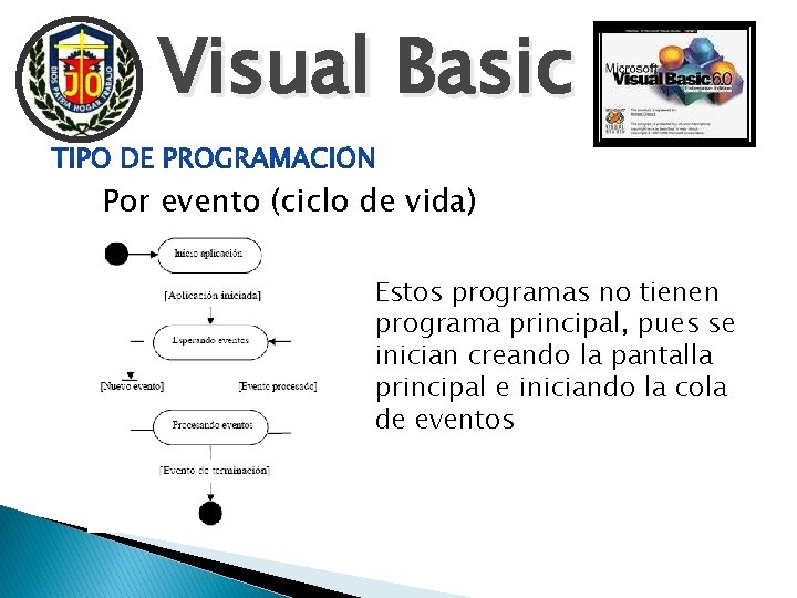 Visual Basic Por evento (ciclo de vida) Estos programas no tienen programa principal, pues