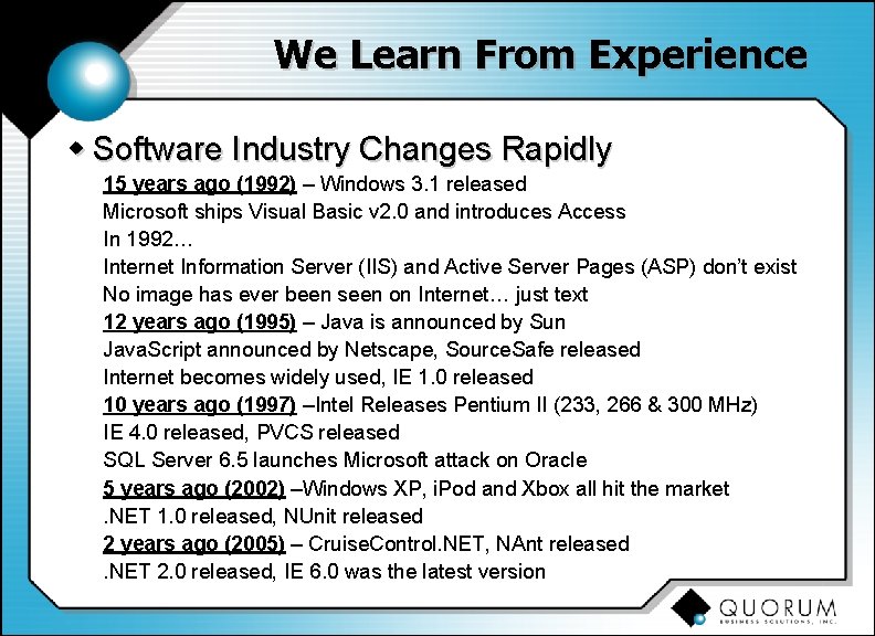 We Learn From Experience w Software Industry Changes Rapidly 15 years ago (1992) –