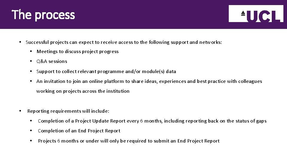 The process • Successful projects can expect to receive access to the following support