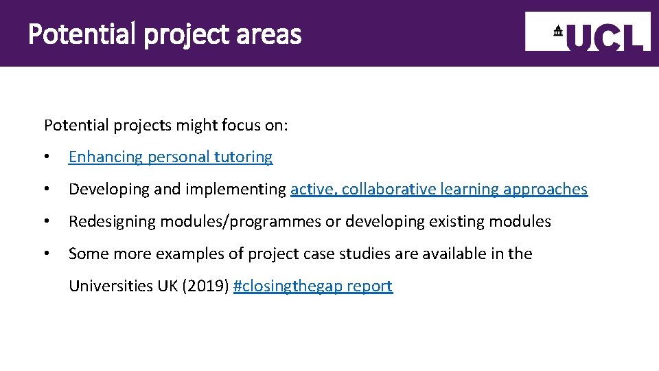 Potential project areas Potential projects might focus on: • Enhancing personal tutoring • Developing