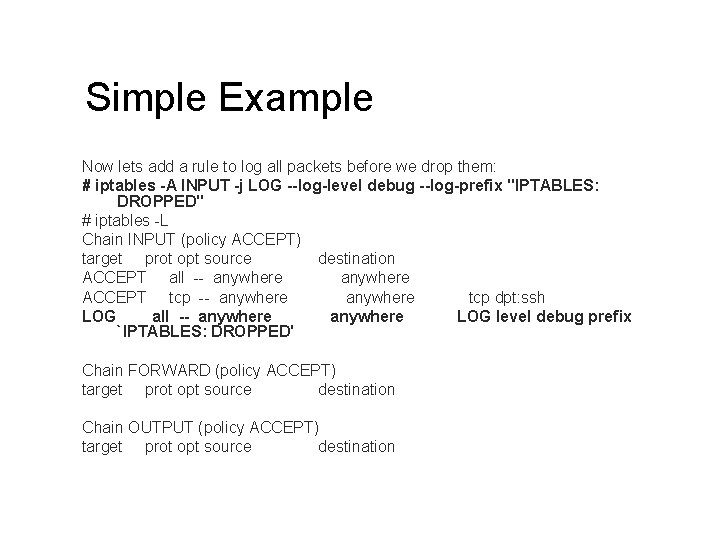 Simple Example Now lets add a rule to log all packets before we drop