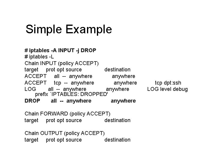 Simple Example # iptables -A INPUT -j DROP # iptables -L Chain INPUT (policy