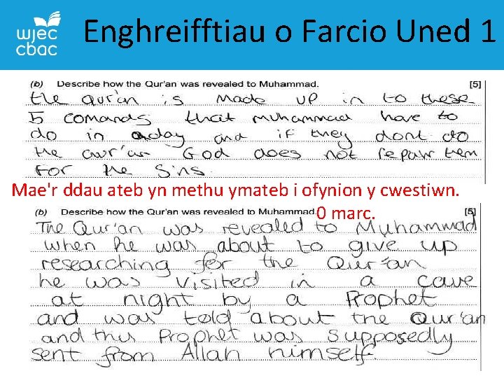 Enghreifftiau o Farcio Uned 1 Mae'r ddau ateb yn methu ymateb i ofynion y