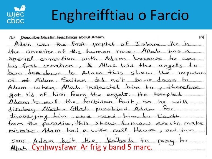 Enghreifftiau o Farcio Cynhwysfawr Ar frig y band 5 marc. 