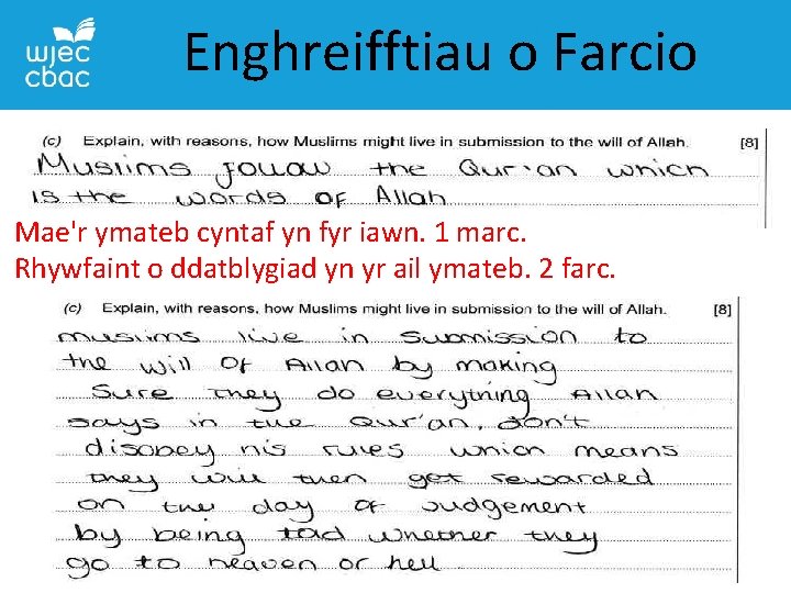 Enghreifftiau o Farcio Mae'r ymateb cyntaf yn fyr iawn. 1 marc. Rhywfaint o ddatblygiad