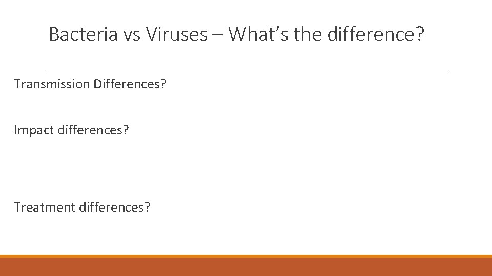 Bacteria vs Viruses – What’s the difference? Transmission Differences? Impact differences? Treatment differences? 