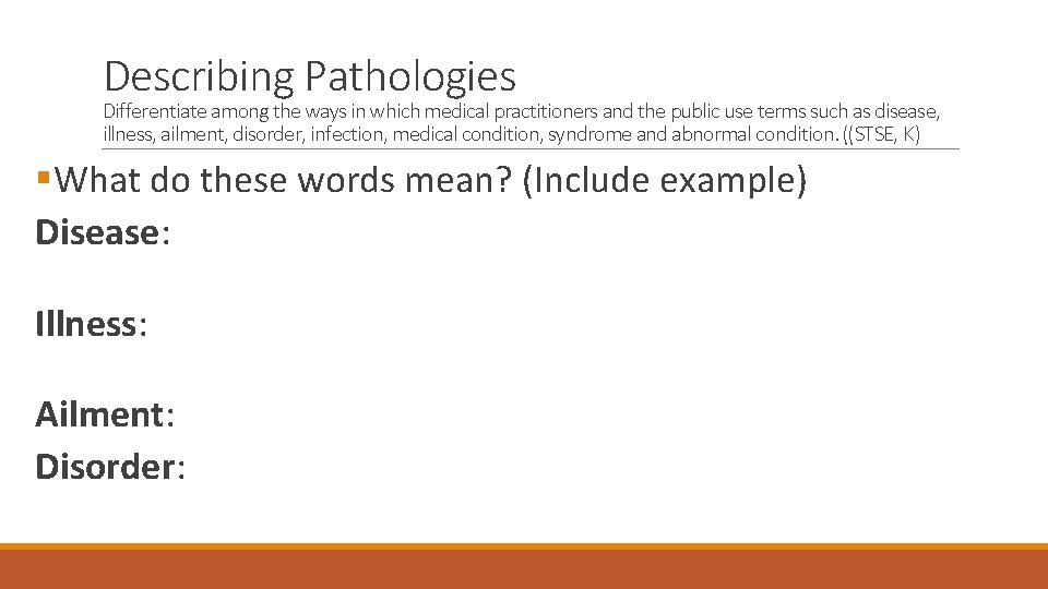 Describing Pathologies Differentiate among the ways in which medical practitioners and the public use