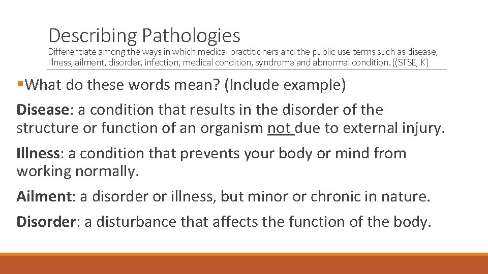 Describing Pathologies Differentiate among the ways in which medical practitioners and the public use