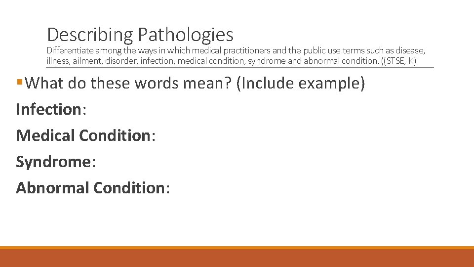 Describing Pathologies Differentiate among the ways in which medical practitioners and the public use