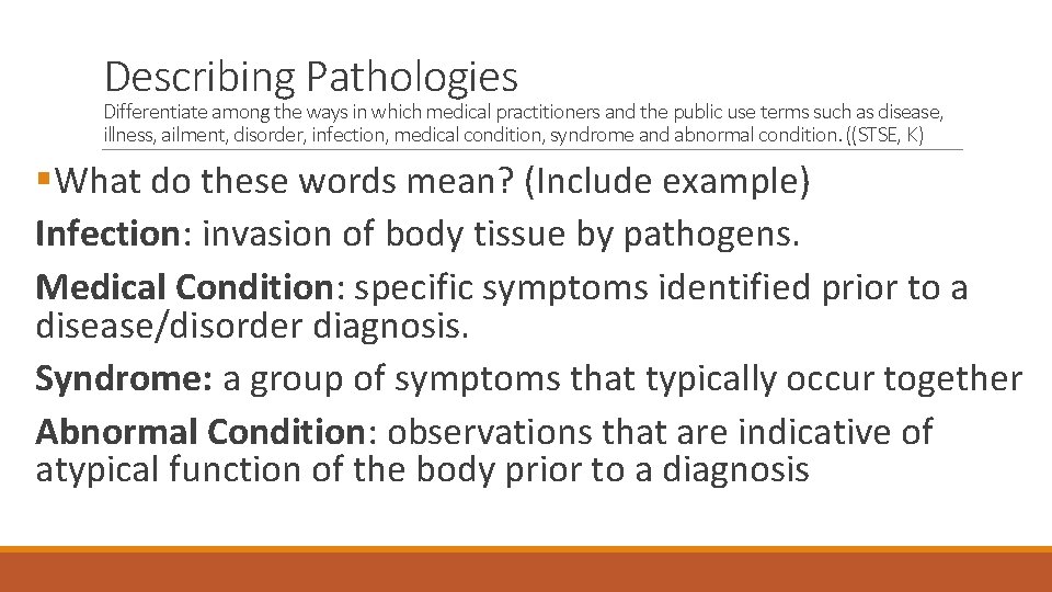 Describing Pathologies Differentiate among the ways in which medical practitioners and the public use