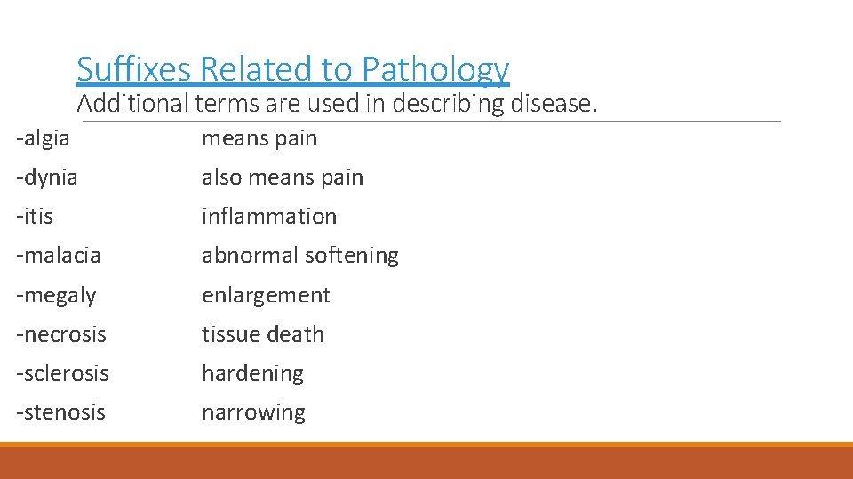 Suffixes Related to Pathology Additional terms are used in describing disease. -algia means pain
