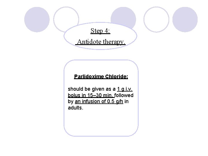 Step 4: Antidote therapy. Parlidoxime Chloride: should be given as a 1 g i.