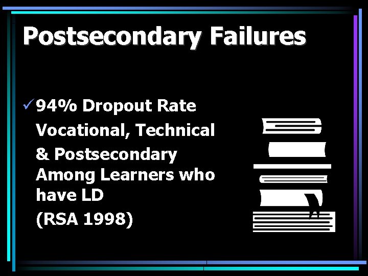 Postsecondary Failures ü 94% Dropout Rate Vocational, Technical & Postsecondary Among Learners who have