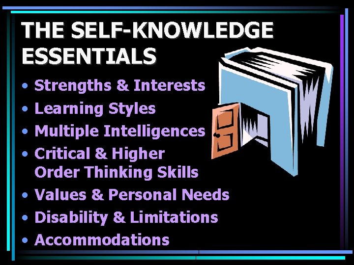 THE SELF-KNOWLEDGE ESSENTIALS • • Strengths & Interests Learning Styles Multiple Intelligences Critical &