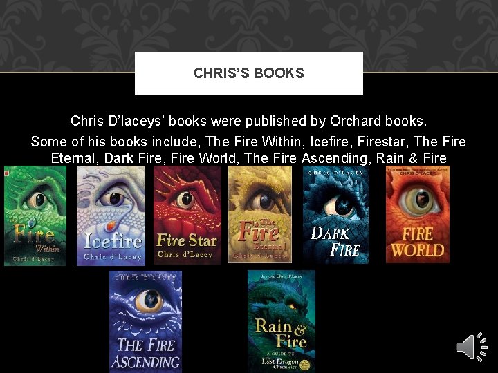 CHRIS’S BOOKS Chris D’laceys’ books were published by Orchard books. Some of his books CHRIS’S BOOKS Chris D’laceys’ books were published by Orchard books. Some of his books