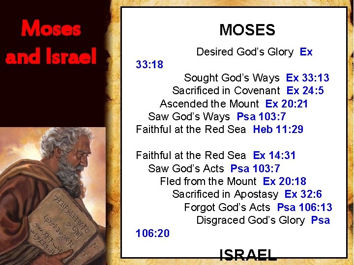 Moses and Israel MOSES Desired God’s Glory Ex 33: 18 Sought God’s Ways Ex
