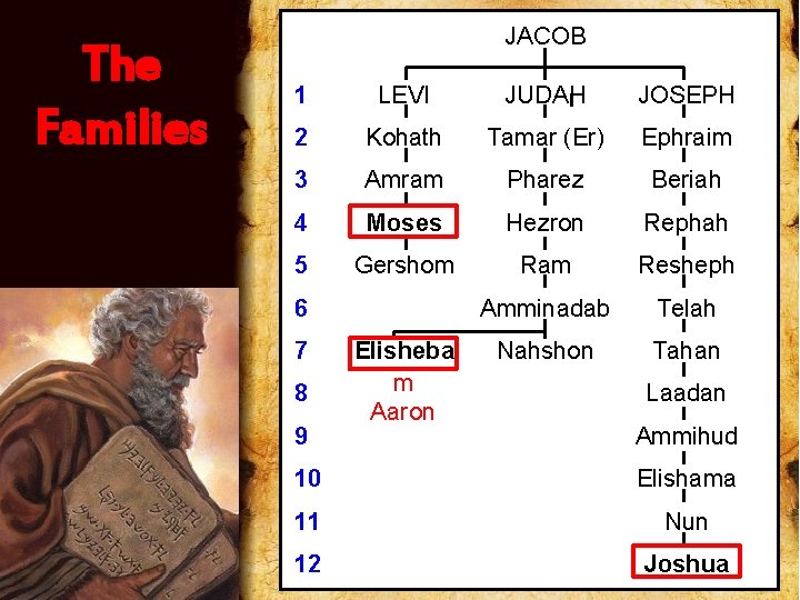 The Families JACOB 1 LEVI JUDAH JOSEPH 2 Kohath Tamar (Er) Ephraim 3 Amram