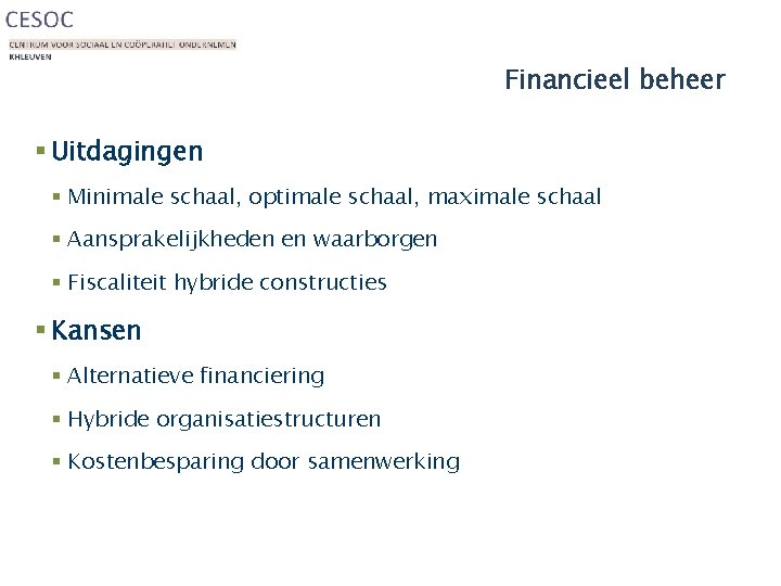 Financieel beheer § Uitdagingen § Minimale schaal, optimale schaal, maximale schaal § Aansprakelijkheden en