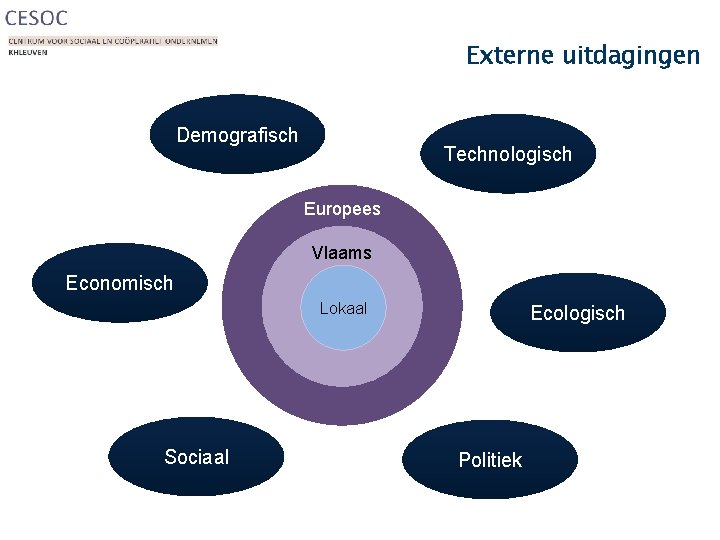 Externe uitdagingen Demografisch Technologisch Europees Vlaams Economisch Lokaal Sociaal Ecologisch Politiek 