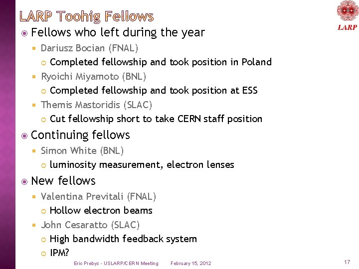  Fellows who left during the year Dariusz Bocian (FNAL) Completed fellowship and took