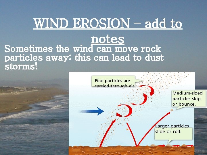 WIND EROSION – add to notes Sometimes the wind can move rock particles away: