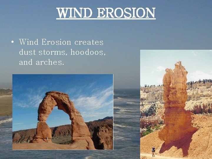 WIND EROSION • Wind Erosion creates dust storms, hoodoos, and arches. 