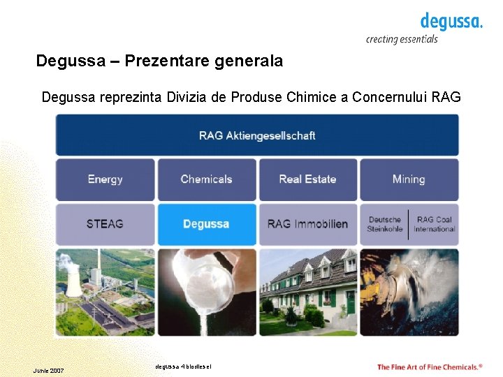 Degussa – Prezentare generala Degussa reprezinta Divizia de Produse Chimice a Concernului RAG Junie