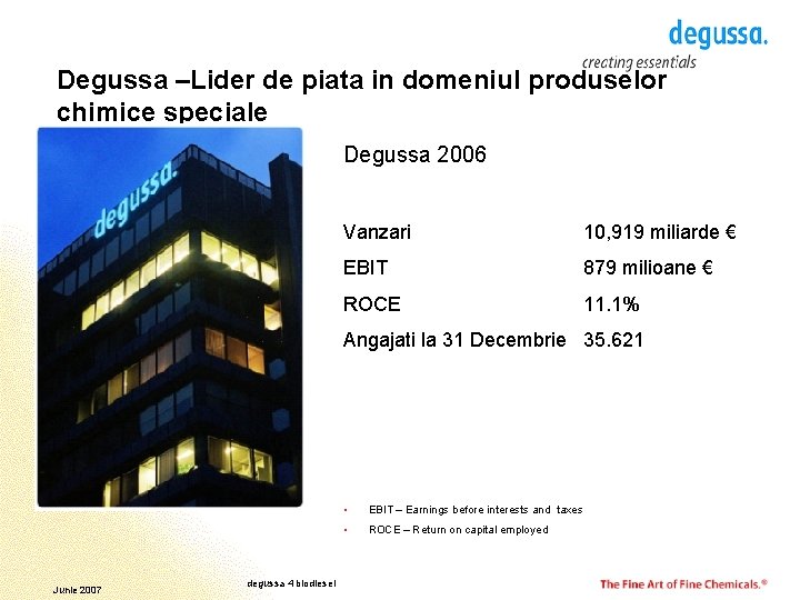 Degussa –Lider de piata in domeniul produselor chimice speciale Degussa 2006 Vanzari 10, 919