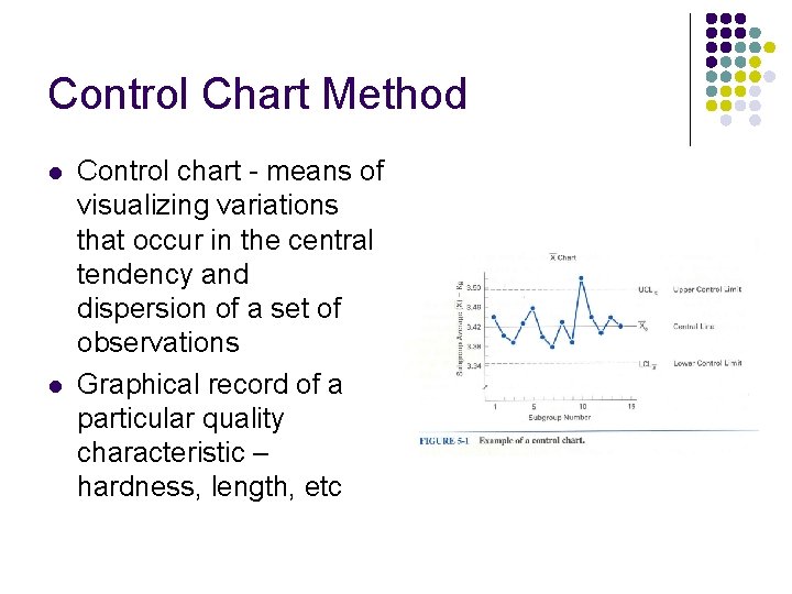 Control Chart Method l l Control chart - means of visualizing variations that occur