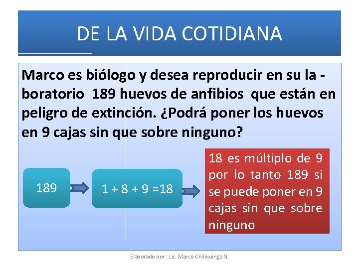 DE LA VIDA COTIDIANA Marco es biólogo y desea reproducir en su la boratorio