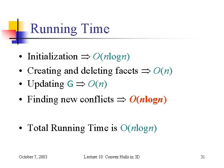Running Time • Initialization O(nlogn) • Creating and deleting facets O(n) • Updating G Running Time • Initialization O(nlogn) • Creating and deleting facets O(n) • Updating G