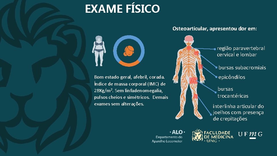 EXAME FÍSICO Osteoarticular, apresentou dor em: região paravertebral cervical e lombar bursas subacromiais Bom