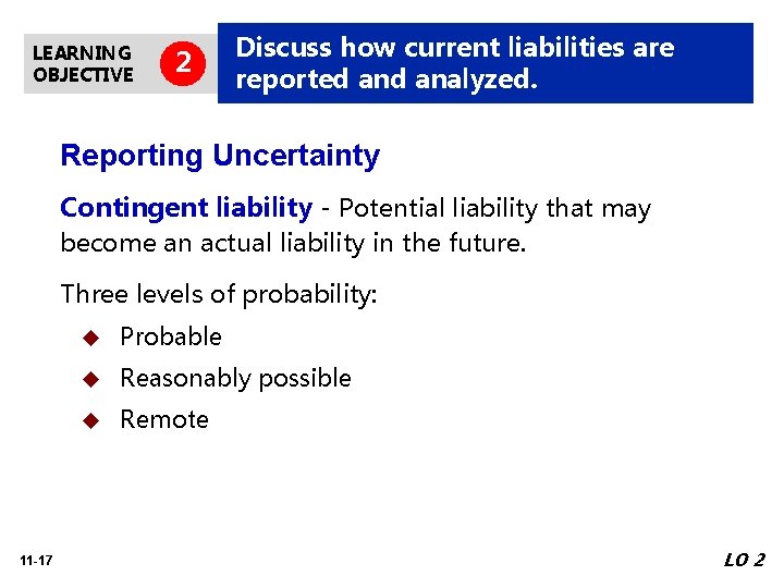 LEARNING OBJECTIVE 2 Discuss how current liabilities are reported analyzed. Reporting Uncertainty Contingent liability