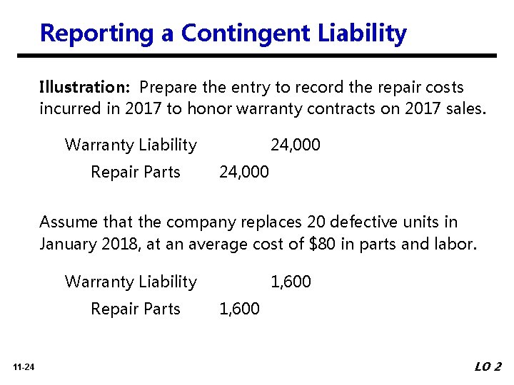 Reporting a Contingent Liability Illustration: Prepare the entry to record the repair costs incurred