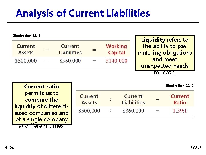 Analysis of Current Liabilities Illustration 11 -5 Current ratio permits us to compare the