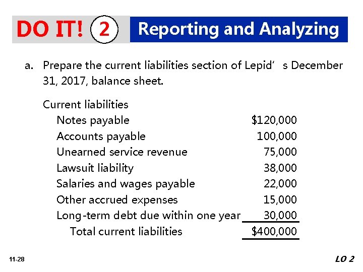 DO IT! 2 Reporting and Analyzing a. Prepare the current liabilities section of Lepid’s