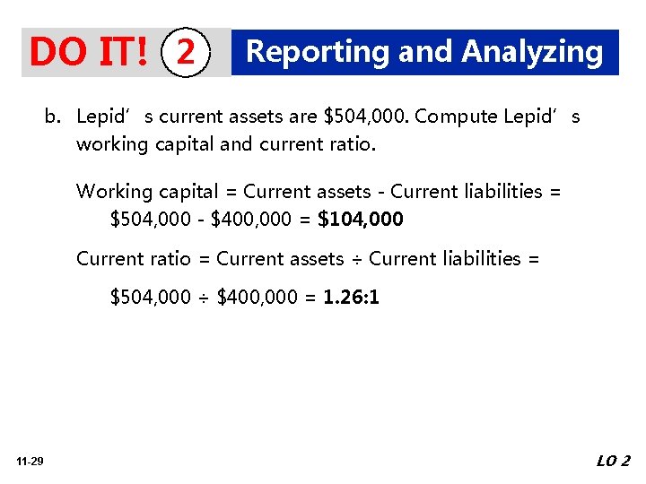 DO IT! 2 Reporting and Analyzing b. Lepid’s current assets are $504, 000. Compute