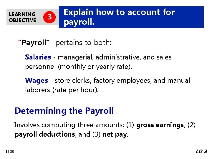 LEARNING OBJECTIVE 3 Explain how to account for payroll. “Payroll” pertains to both: Salaries